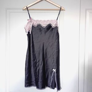 Victoria's Secret Angels Black Pink Satin Lace Slip Chemise Nightie M Lingerie